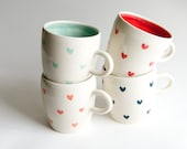 Coffee Mug Set of 4- Teal Coral Red Heart and Mint Handmade Ceramics by RossLab Valentines Day Romantic Brunch Gift for her girlfriend