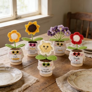 Może przedstawiać: Kolekcja ręcznie robionych szydełkowych kompozycji kwiatowych w małych doniczkach. Kwiaty obejmują słonecznik, stokrotkę i inne kolorowe kwiaty. Każda doniczka ma unikalny design z tekstem, a aranżacje są wystawione na drewnianym stole.