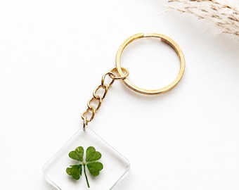 Real Four Leaf Clover Resin Keychain, Square Lucky Charm Pendant