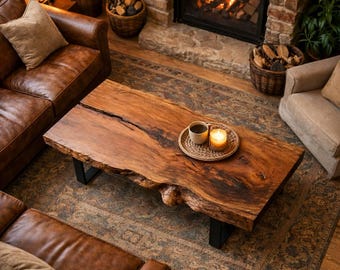 Mesa de centro de nogal con borde natural, mesa de centro rústica moderna de losa, muebles de madera natural