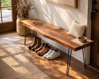 Live Edge Walnut Bench, Rustic Solid Wood Seating, Natural Entryway Furniture