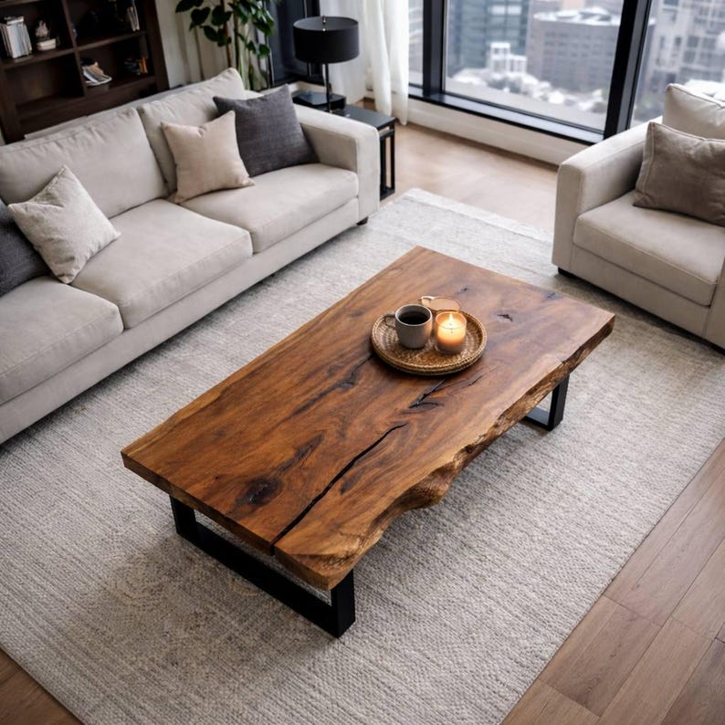 Premium walnut coffee table with organic live edges, bringing warmth and character as a modern small coffee table for cozy living rooms.