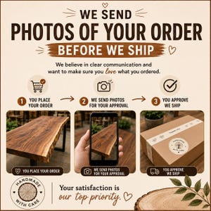 Puede incluir: Un gr&aacute;fico informativo con texto marr&oacute;n sobre fondo crema. Describe un proceso de tres pasos: 1. Realiza su pedido, 2. Enviamos fotos para su aprobaci&oacute;n, 3. Usted aprueba y enviamos. Incluye iconos de carrito, c&aacute;mara y marca de verificaci&oacute;n.