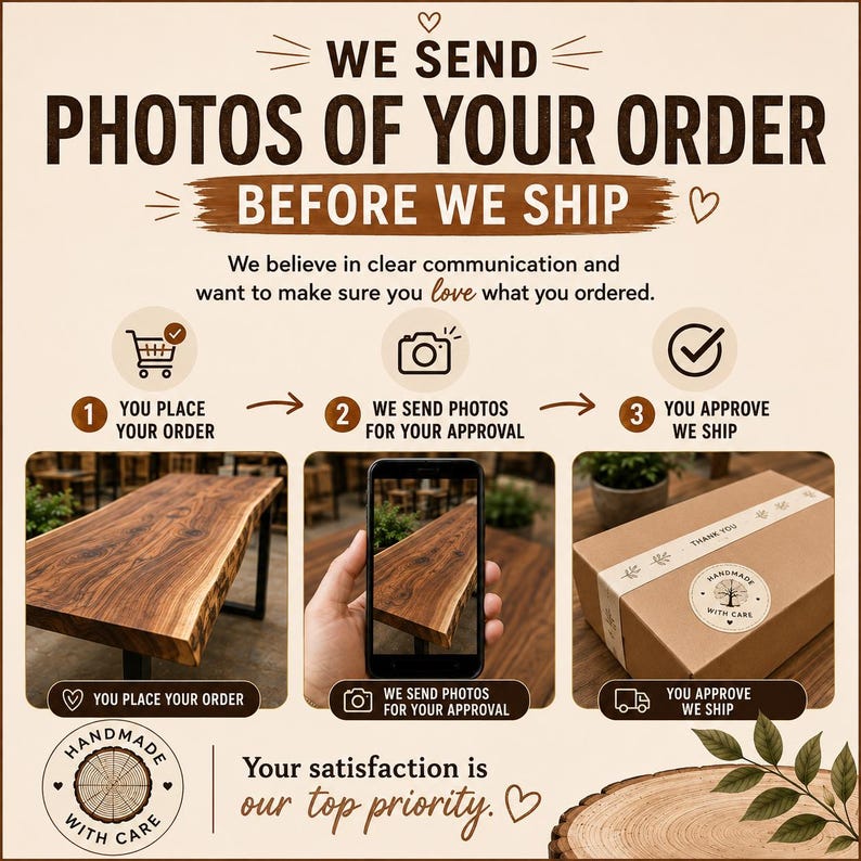 Puede incluir: Un gr&aacute;fico informativo con texto marr&oacute;n sobre fondo crema. Describe un proceso de tres pasos: 1. Realiza su pedido, 2. Enviamos fotos para su aprobaci&oacute;n, 3. Usted aprueba y enviamos. Incluye iconos de carrito, c&aacute;mara y marca de verificaci&oacute;n.