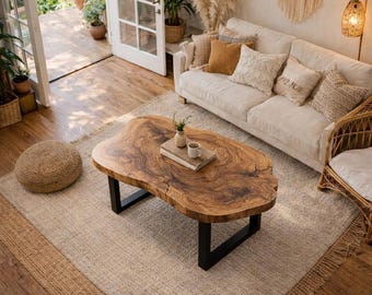 Mesa de centro de nogal con borde natural, mesa auxiliar rústica de madera, centro de mesa bohemio natural para sala de estar, muebles orgánicos de granja hechos a mano