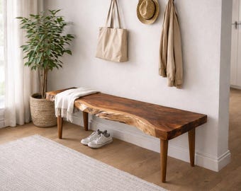 Banco de nogal con borde natural hecho a mano, asiento rústico de madera maciza, banco con borde de madera maciza