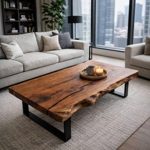 Rustic modern wood coffee table designed from a thick walnut slab, ideal as a sofa table placed in front of a comfortable lounge setup.