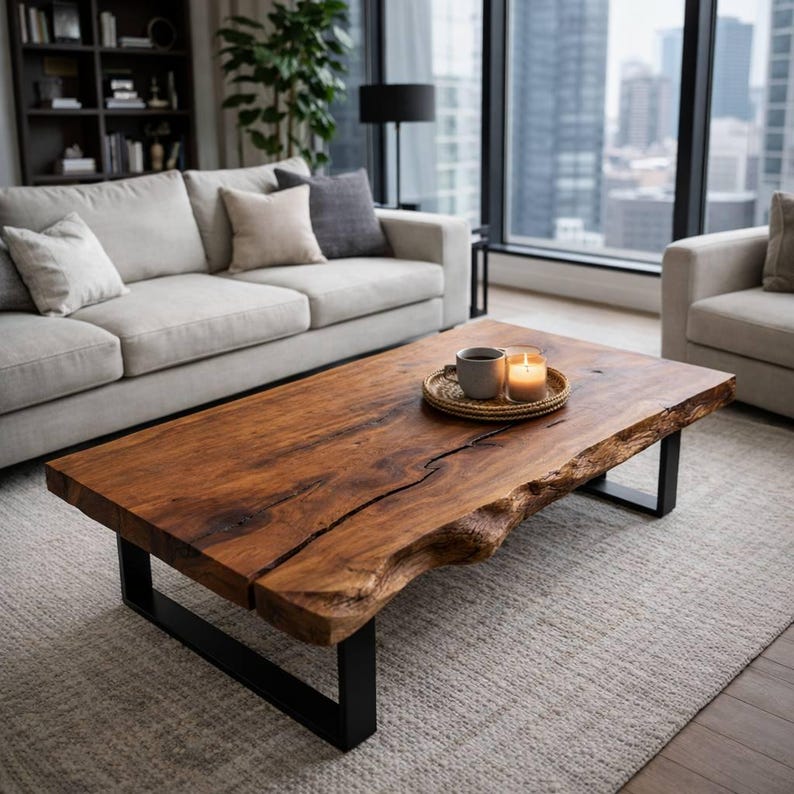 Rustic modern wood coffee table designed from a thick walnut slab, ideal as a sofa table placed in front of a comfortable lounge setup.