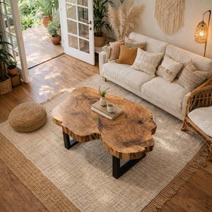 Peut inclure: Salon avec une grande table basse en bois de forme organique avec des pieds en métal noir. La table est le point central, entourée d'un tapis beige, d'un canapé crème avec des coussins décoratifs et d'une chaise en osier. La pièce a une esthétique naturelle et bohème.