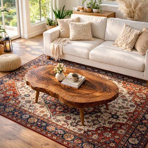 May include: A living room with a cream sofa, cushions, and a wooden coffee table. The table has a natural edge and holds a vase, books, and a mug. A patterned rug with red, blue, and cream floral motifs covers the floor. Plants and natural light enhance the space.