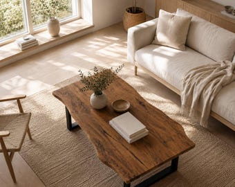 Mesa de centro rústica de madera con borde natural, mesa de centro de madera maciza natural, muebles modernos para sala de estar estilo granja, mesa de nogal hecha a mano