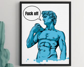 Grappig standbeeld kunst aan de muur afdrukbare blauwe Michelangelo David print, moderne klassieke kunst poster, esthetische meme kunst, vet sassy decor