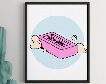 Dirty Bitch afdrukbare muurkunst, grappig badkamer decor, roze zeep illustratie, modern, brutaal badkamerbord, minimalistische humor print