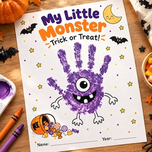 May include: A white paper craft sheet titled My Little Monster Trick or Treat with a purple handprint monster featuring one eye and two teeth. The design includes a yellow crescent moon, black bats, yellow stars, and a candy bucket illustration.