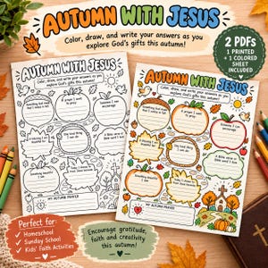 Peut inclure: Deux feuilles d'activités intitulées Autumn With Jesus présentant des contours de citrouilles, de feuilles et d'une église. Une feuille est en noir et blanc à colorier, l'autre est en couleur. Les pages incluent des espaces pour écrire.