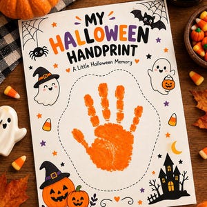 Może przedstawiać: Biała kartka papieru z napisem My Halloween Handprint A Little Halloween Memory oraz pomarańczowym odciskiem dłoni na środku. Projekt zawiera ilustracje duchów, nietoperza, pająka, dyń, nawiedzonego domu, gwiazdek i cukierków w kształcie kukurydzy.