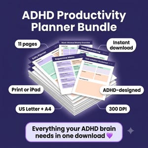 Peut inclure: Un ensemble de planificateurs de productivité TDAH comprenant 11 pages, dont un planificateur quotidien, un aperçu hebdomadaire, un journal de cécité temporelle, un menu de dopamine et une feuille de travail pour l'initiation aux tâches.