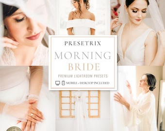 15 presetów Lightroom dla porannej panny młodej na urządzenia mobilne i komputery stacjonarne, delikatne filtry ślubne, elegancka estetyka przygotowań, romantyczne presety ślubne