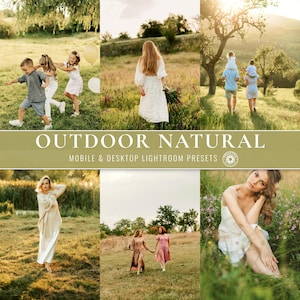 May include: A collection of six outdoor photographs featuring people in natural landscapes, presented as a digital product titled OUTDOOR NATURAL MOBILE & DESKTOP LIGHTROOM PRESETS, showcasing warm, sunlit editing styles for photography.