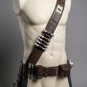 Op de afbeelding: Een bruine leren bandolier en riemset met zilverkleurige kogelhouders en zakjes. De set bevat een schouderriem, riem en beenriem, weergegeven op een mannequin. Accessoires voor een kostuum of cosplay.