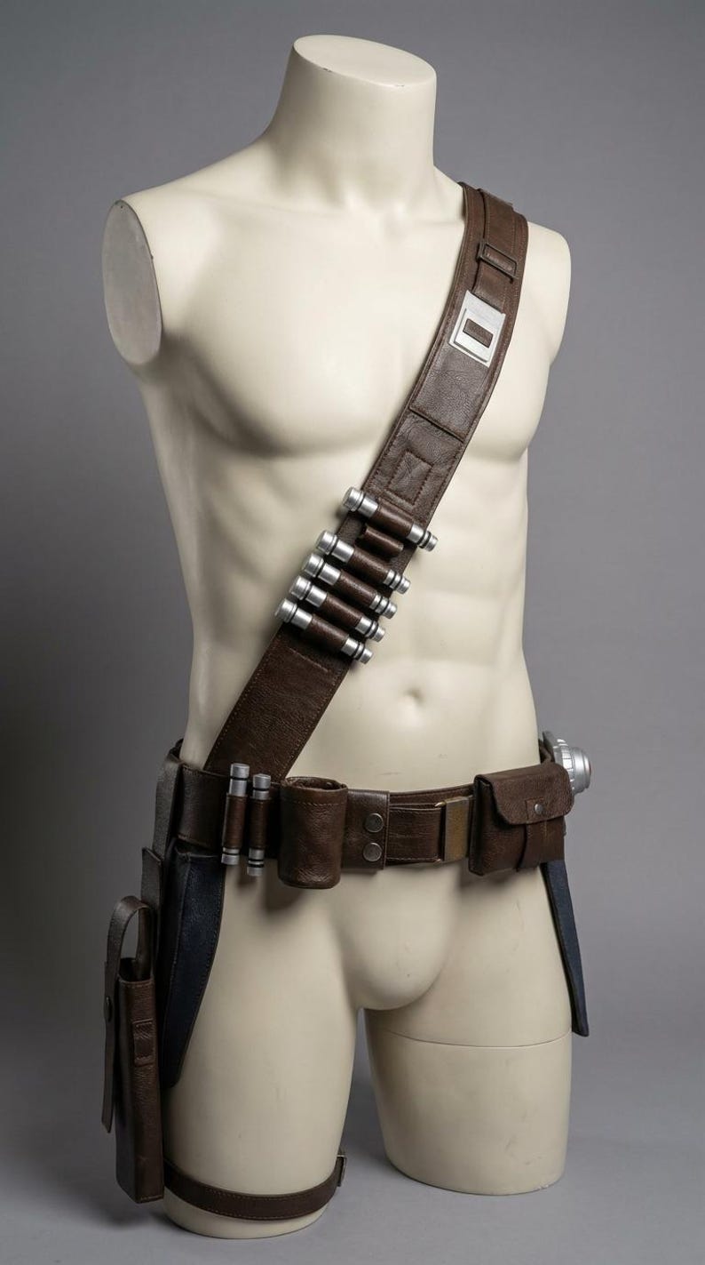 Op de afbeelding: Een bruine leren bandolier en riemset met zilverkleurige kogelhouders en zakjes. De set bevat een schouderriem, riem en beenriem, weergegeven op een mannequin. Accessoires voor een kostuum of cosplay.