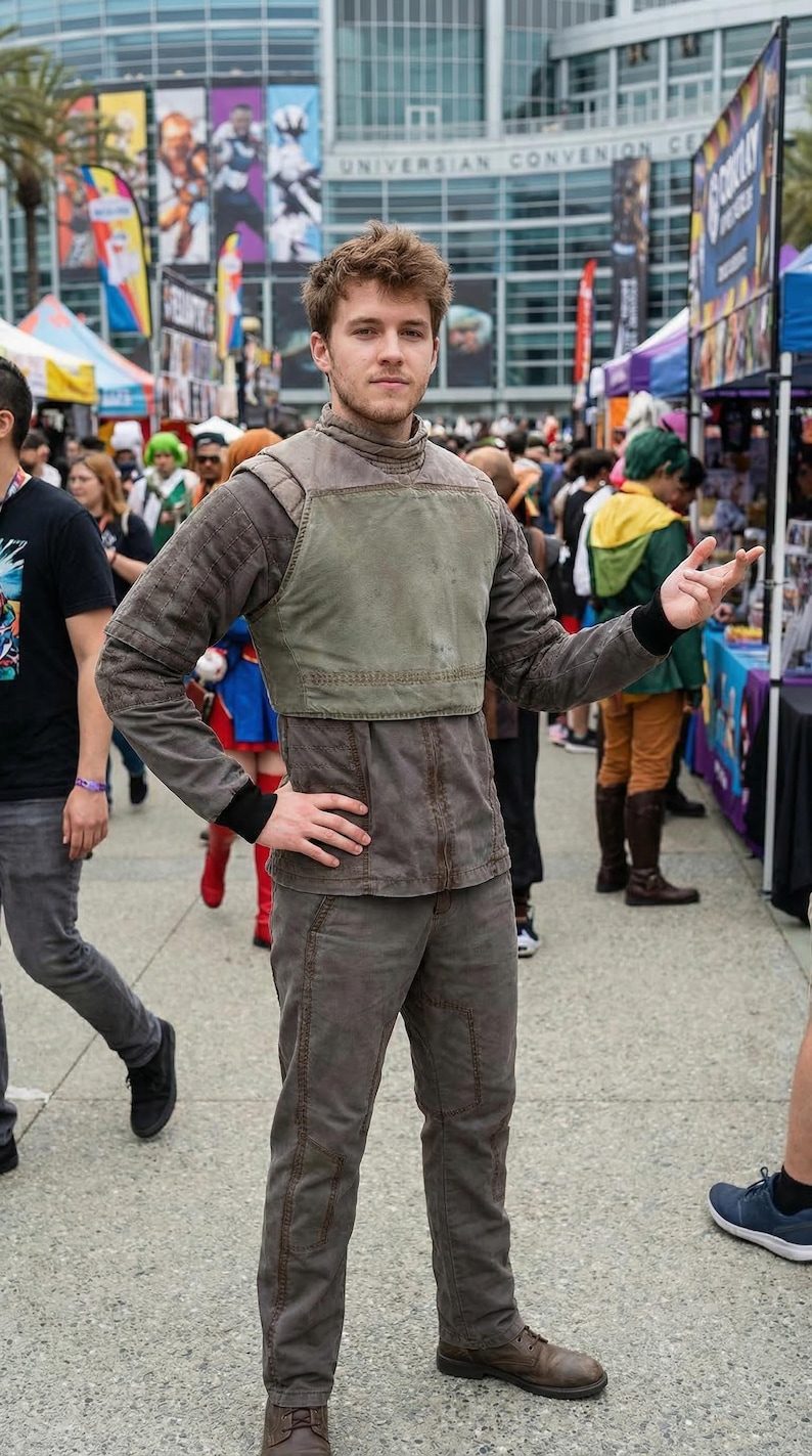 May include: A person in a brown and green costume, likely for cosplay. The outfit includes a jacket with a green vest, matching pants, and brown boots. The person is standing outside a convention center.