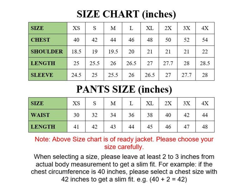 May include: Size chart in inches for jackets and pants. Includes chest, shoulder, length, sleeve, waist, and length measurements for sizes XS to 4X. Instructions advise adding 2-3 inches to body measurements for a slim fit.
