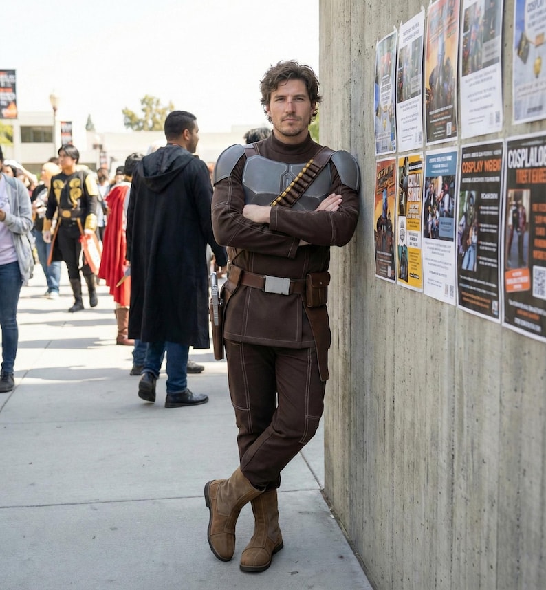 May include: A person in a brown costume with grey shoulder armour, a utility belt, and brown boots. The costume includes a bandolier and a holster. The person is leaning against a concrete wall with posters.