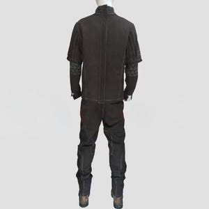 May include: A dark brown two-piece outfit on a mannequin. The jacket has short sleeves and white stitching details. The pants are straight-legged. The outfit is made of a sturdy material and is suitable for work or cosplay.