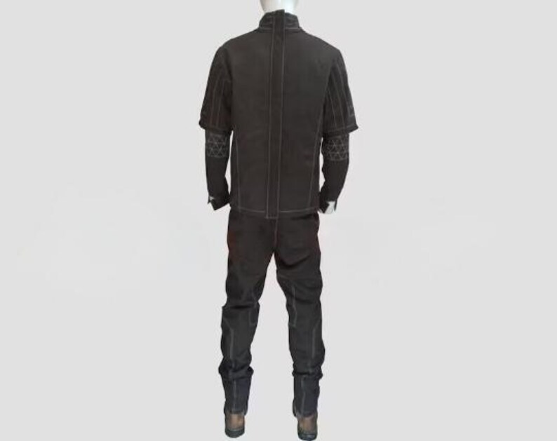 May include: A dark brown two-piece outfit on a mannequin. The jacket has short sleeves and white stitching details. The pants are straight-legged. The outfit is made of a sturdy material and is suitable for work or cosplay.