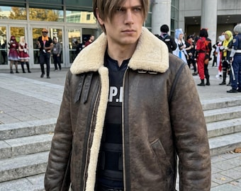 Leon S. Kennedy RE4 Real Leather Shearling Lined Jacket | Resident Evil Cosplay.