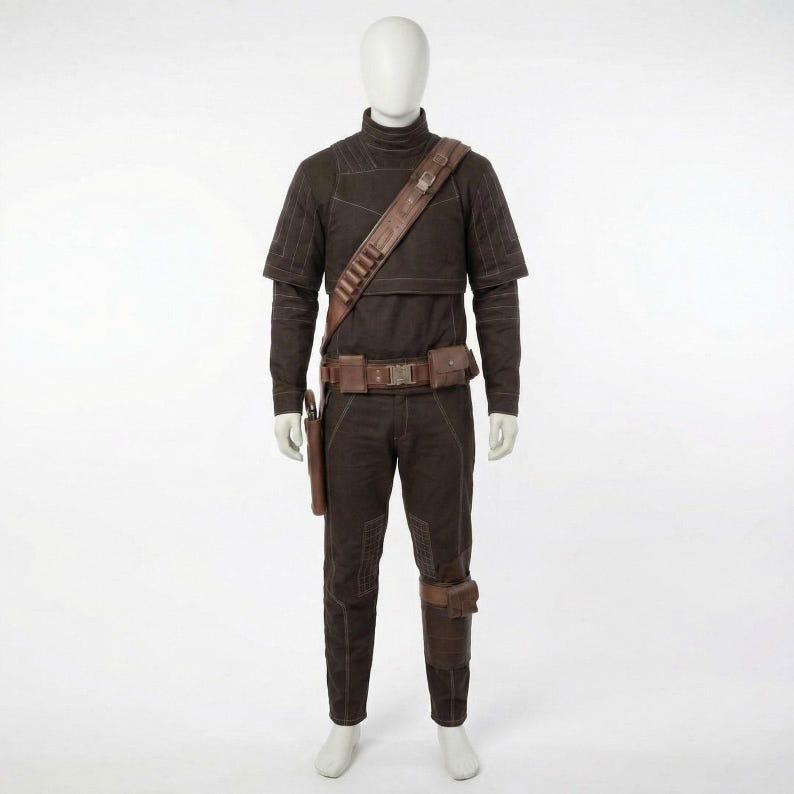 May include: A brown costume displayed on a mannequin. The outfit includes a long-sleeved top, pants, and a belt with pouches. A brown leather strap with bullet holders crosses the chest. A holster is attached to the leg. The costume is designed with visible stitching.