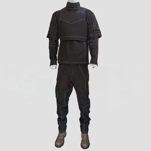 May include: Black tactical outfit with white stitching, including a high-neck top, short-sleeve overlay, long-sleeve undershirt, and pants. The outfit is paired with brown boots. The design features a structured, utilitarian aesthetic.