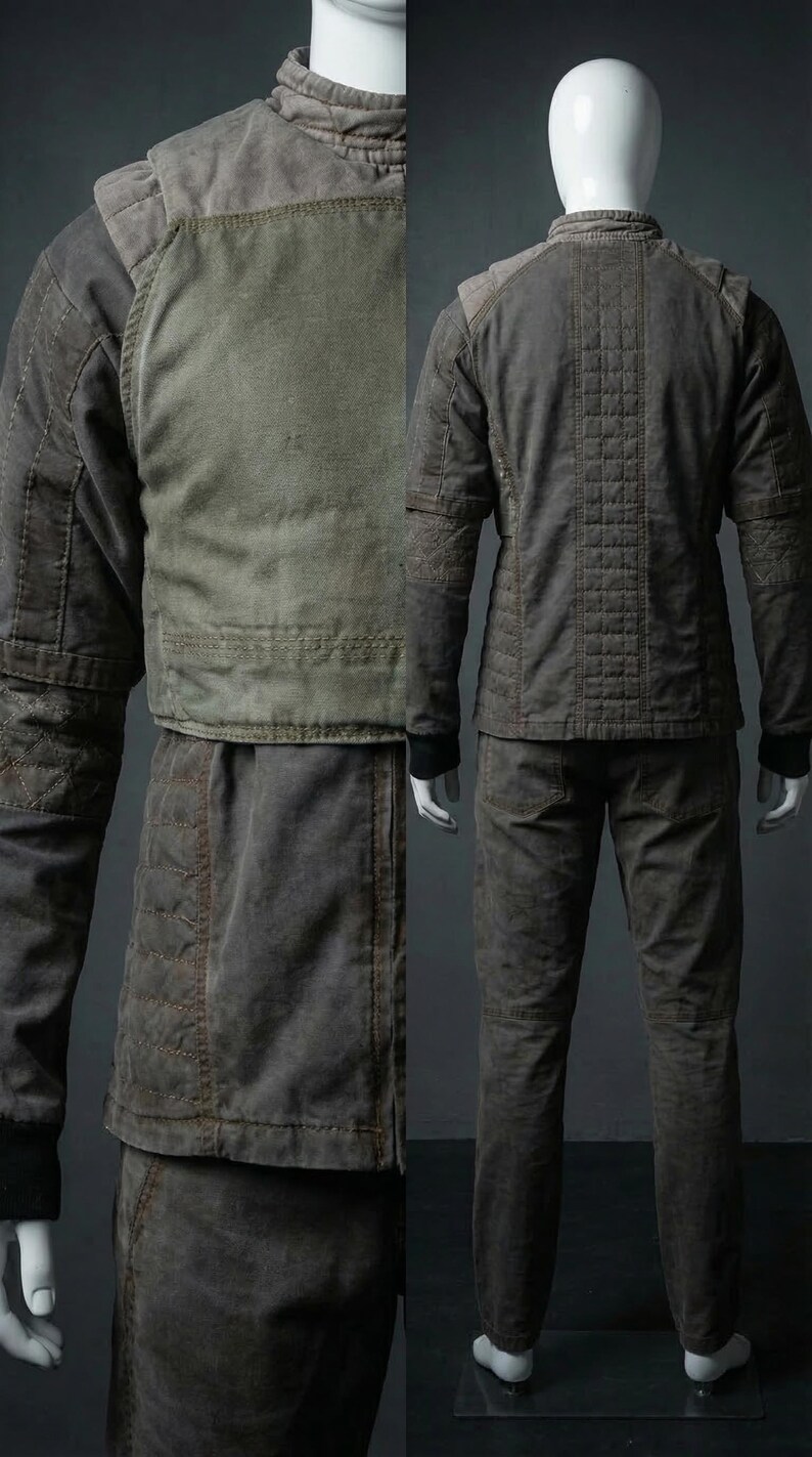 May include: A two-piece, dark gray outfit on a mannequin. The jacket has a high collar, quilted stitching, and a contrasting olive green panel. The pants are a matching dark gray with knee detailing. The outfit is designed for a rugged, utilitarian aesthetic.