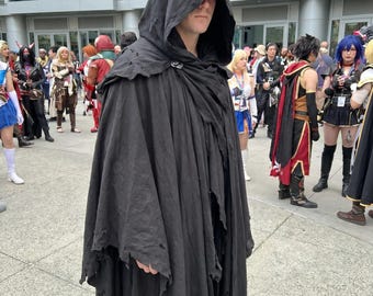 Tattered Black Cultist Cloak – Dark Fantasy Necromancer Robe, Distressed Gothic Sorcerer Hooded Cape.