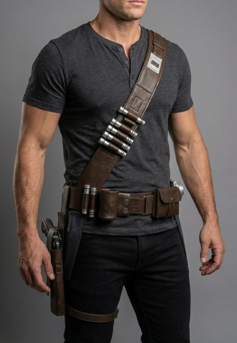 Op de afbeelding: Een bruine leren utility riem met meerdere zakjes, een holster en een beenriem. De riem wordt gedragen over een zwarte broek en een grijs Henley-shirt. De riem heeft zilverkleurige cilinders.