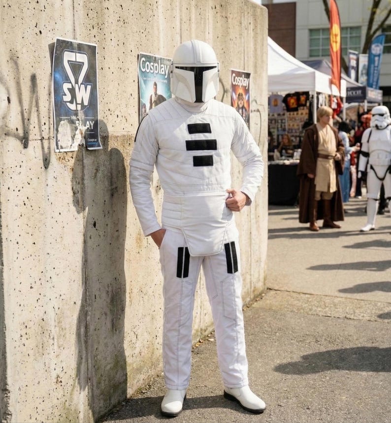 Op de afbeelding: Een persoon in een wit Mandalorian cosplay kostuum staat bij een betonnen muur met posters. Het kostuum omvat een helm, jas met lange mouwen en broek, allemaal in wit met zwarte accenten. De persoon draagt witte laarzen.