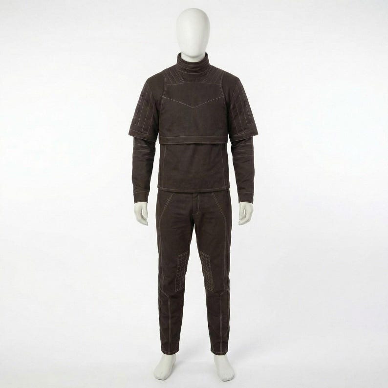 May include: A brown, two-piece outfit displayed on a mannequin. The top has a high collar and short sleeves over long sleeves. The pants are straight-legged. The outfit features visible stitching details.