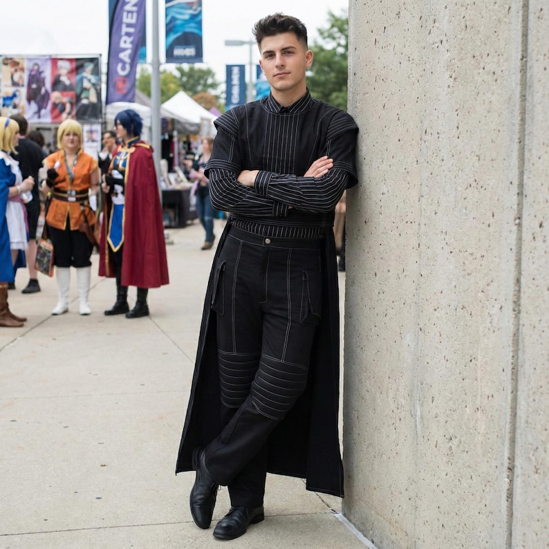 May include: A person in a black outfit with white stitching, comprising a pinstriped shirt, trousers, and a long coat, leaning against a concrete pillar. Other cosplayers are visible in the background.