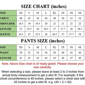 May include: Size chart in inches for jackets and pants. Includes chest, shoulder, length, sleeve, waist, and length measurements for sizes XS to 4X. Instructions advise adding 2-3 inches to body measurements for a slim fit.