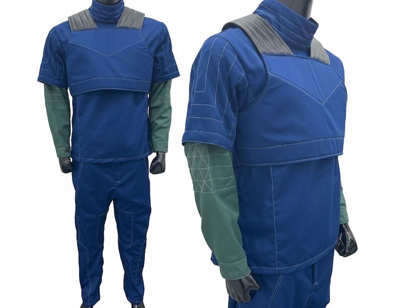 May include: A blue tactical outfit, consisting of a short-sleeved top with a chest protector, long pants, and a high collar. The sleeves are green, and the outfit has white stitching. The mannequin is wearing black gloves.