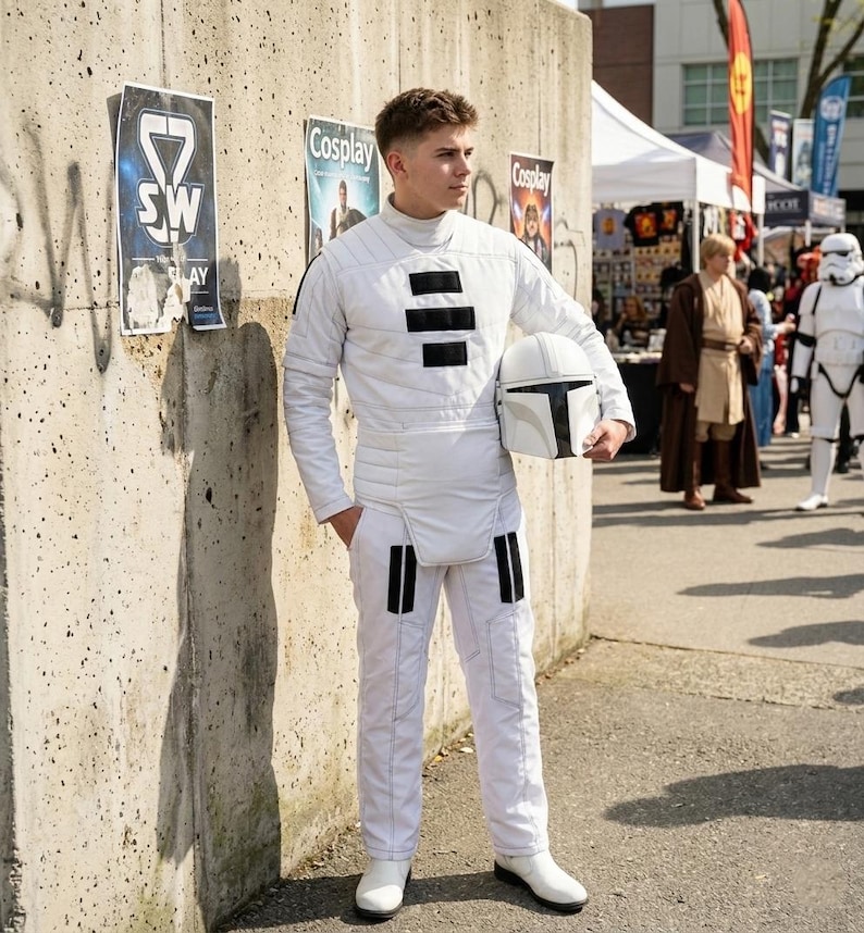 Op de afbeelding: Een persoon in een wit gewatteerd jumpsuit en laarzen, met een zwart-witte helm. De outfit heeft zwarte accenten. De persoon staat voor een betonnen muur met posters. Andere cosplayers zijn op de achtergrond.