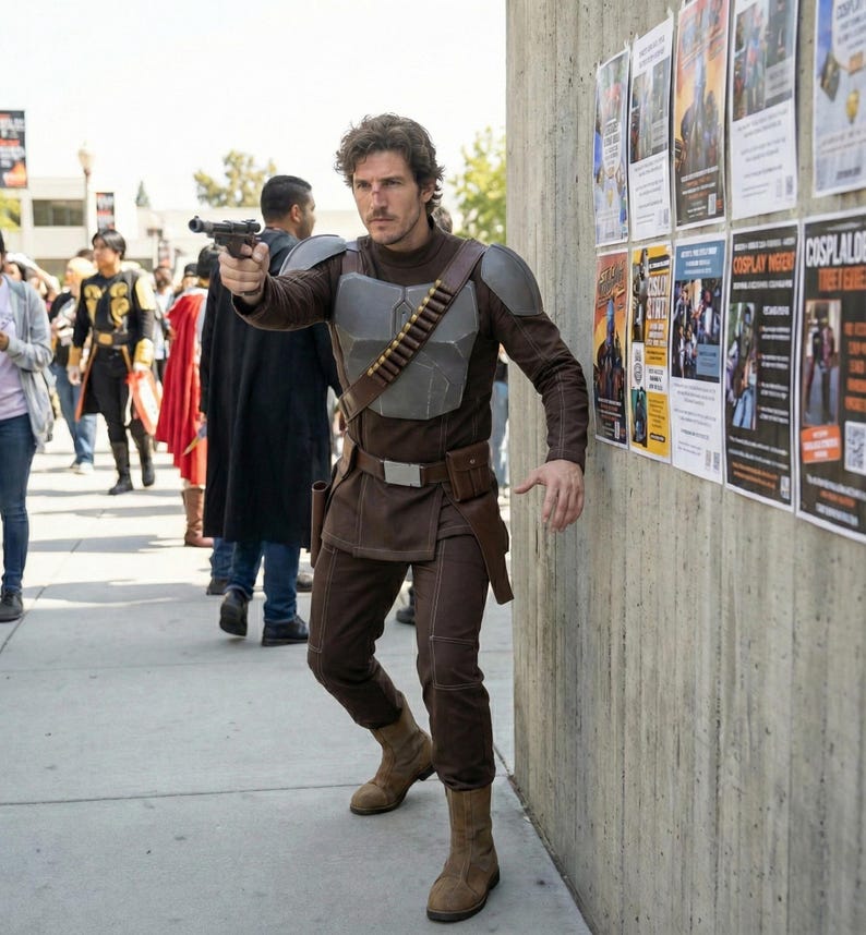 May include: A person in a brown and gray costume, holding a gun and aiming. The costume includes a chest plate, belt, and boots. The background shows a concrete wall with posters and other people in costumes.