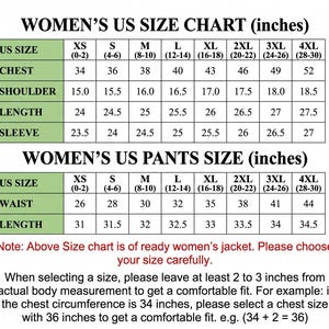 May include: A US size chart for jackets and pants with two tables displaying measurements in inches for sizes XS through 4XL. The chart includes chest, shoulder, length, sleeve, and waist dimensions, along with a note advising to allow 2 to 3 inches for a comfortable fit.