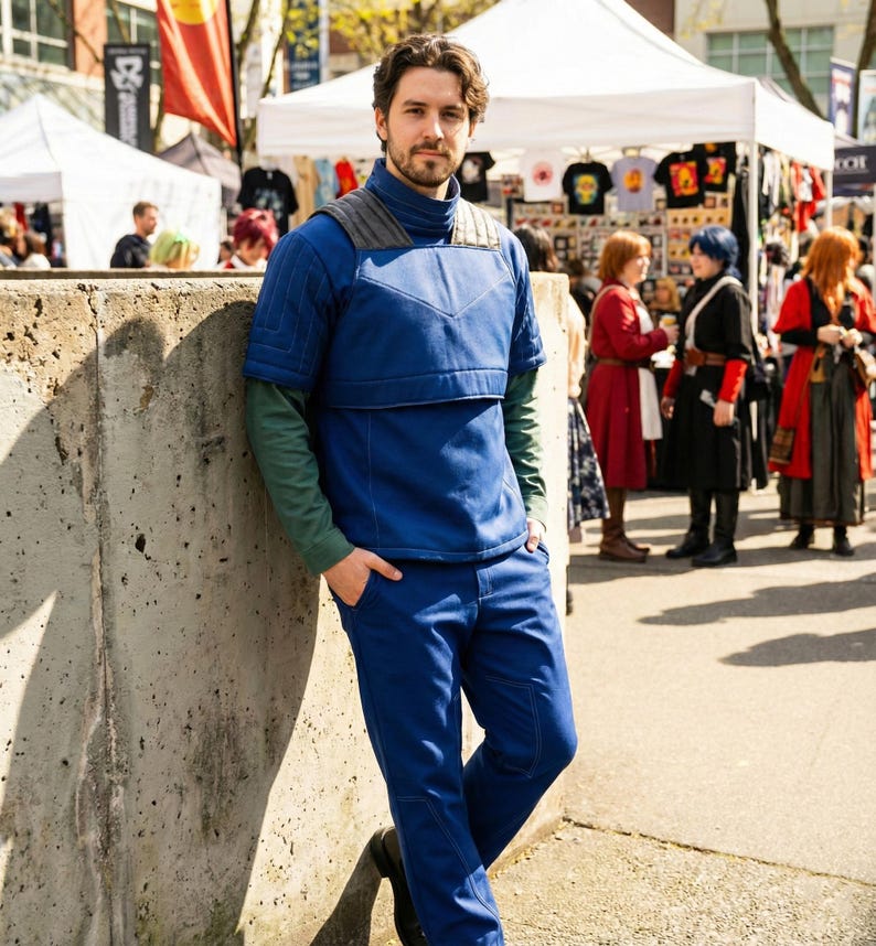May include: A person in a blue outfit with a high collar and quilted chest piece, and matching blue trousers. The outfit has green sleeves. The person leans against a concrete wall, with a market scene in the background.