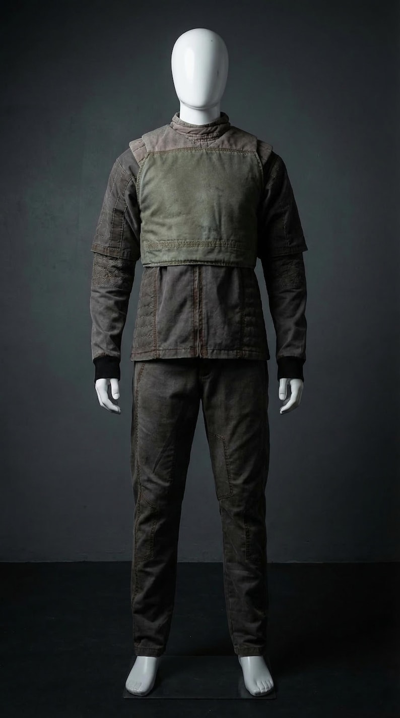 May include: A full-body outfit on a mannequin. The ensemble includes a jacket with a green chest panel, matching pants, and a high-neck collar. The outfit is a muted brown color with black cuffs.