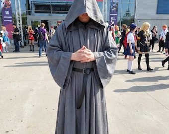 Grey Wizard Hooded Cloak with Belt – Full Length Cosplay Medieval Cloak, Distressed Sorcerer Robe.