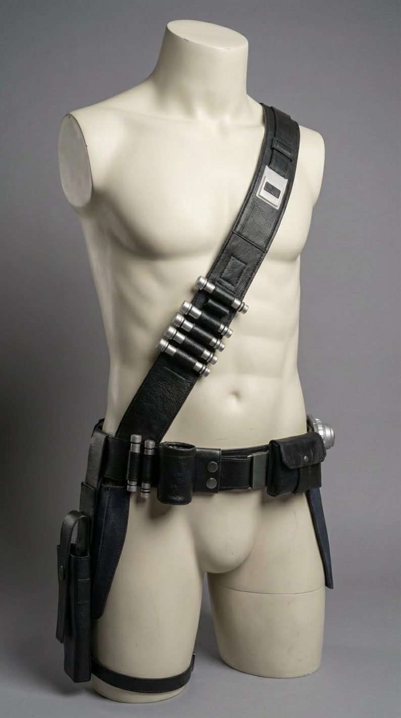 Op de afbeelding: Zwarte leren utility riem en schouderriem met zilverkleurige accenten. De riem heeft meerdere zakjes, een holster en een messenschede. De schouderriem heeft een rechthoekig zilverkleurig detail en een rij zilverkleurige cilinders.