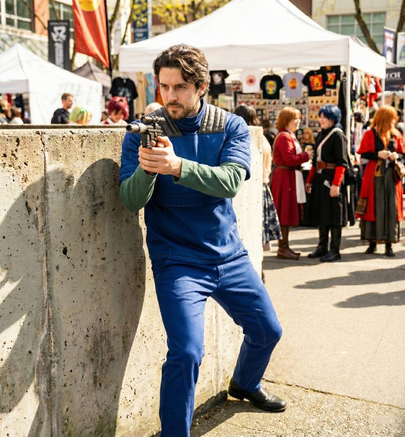 May include: A person in a blue jumpsuit and green undershirt holds a prop gun, leaning against a concrete wall. The scene is set outdoors, with a crowd and vendor tents in the background. The person is wearing black shoes.