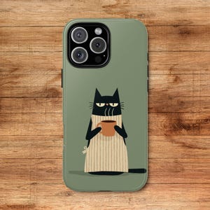 Funny Black Cat Phone Case Cute Coffee Lover Gift Retro Kitty Apron Cover Tough Case for iPhone 16 17 Pro Max Samsung Galaxy S25 S26